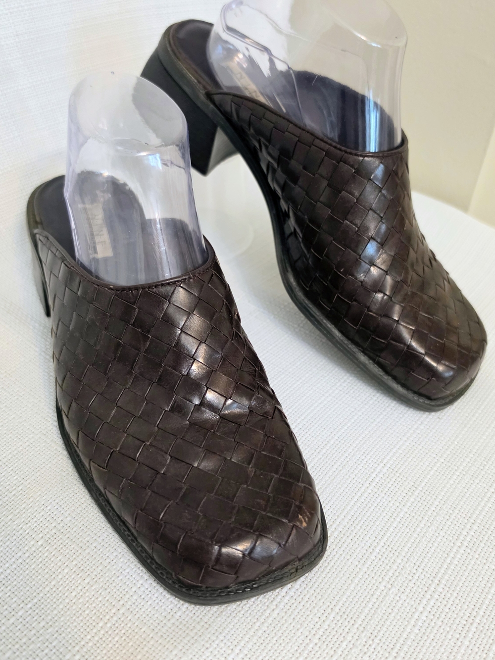 Nine & Co Woven Leather Mules Wm 9M Block Heel Casual Slip On Square Toe Fall